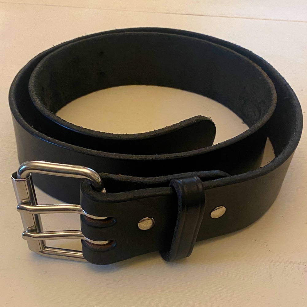 Hanks Leather Goods Classic Black Leather Men's Belt - Double Prong Retro Buckle